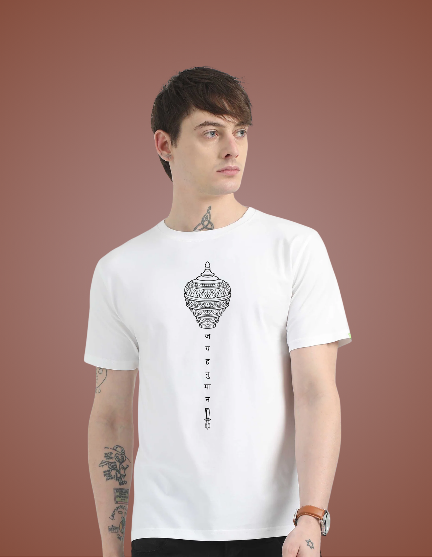 Jai Hanuman Minimal Sacred Ghanti Design T-shirt (White T-shirt)